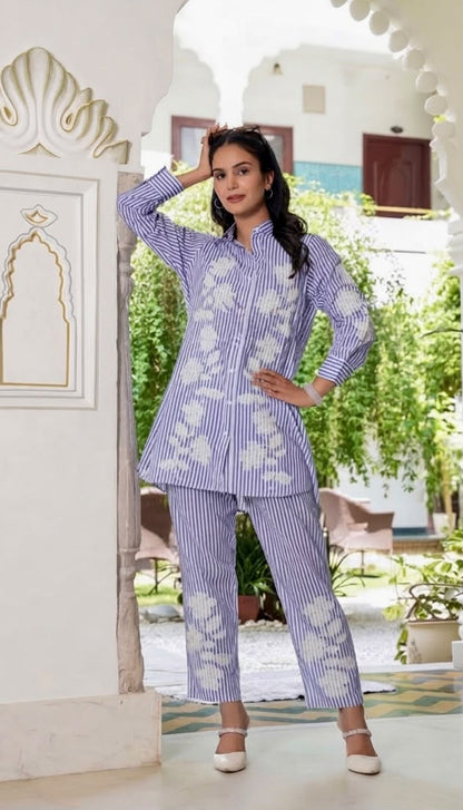 Stripe Floral Embroidered Cotton Co-ord Set