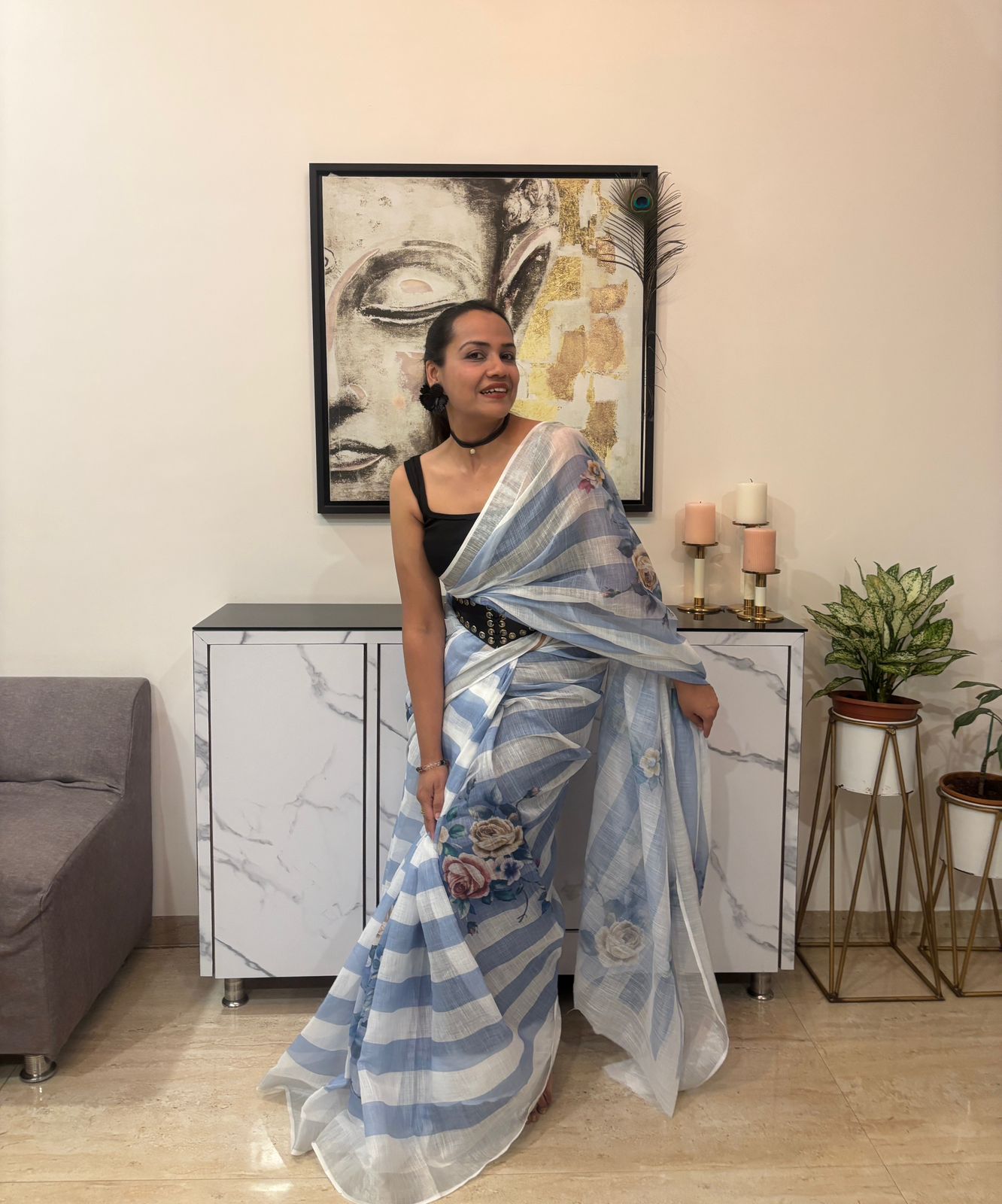 Stripes cotton linen digital print Light Blue with White saree with silver border.