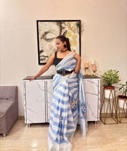 Stripes cotton linen digital print Light Blue with White saree with silver border.