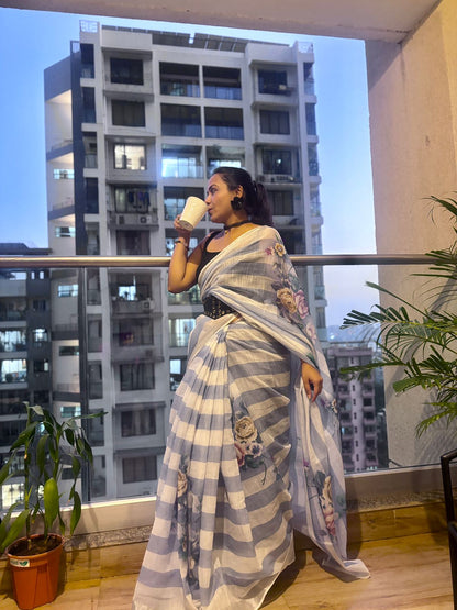 Stripes cotton linen digital print Light Blue with White saree with silver border.
