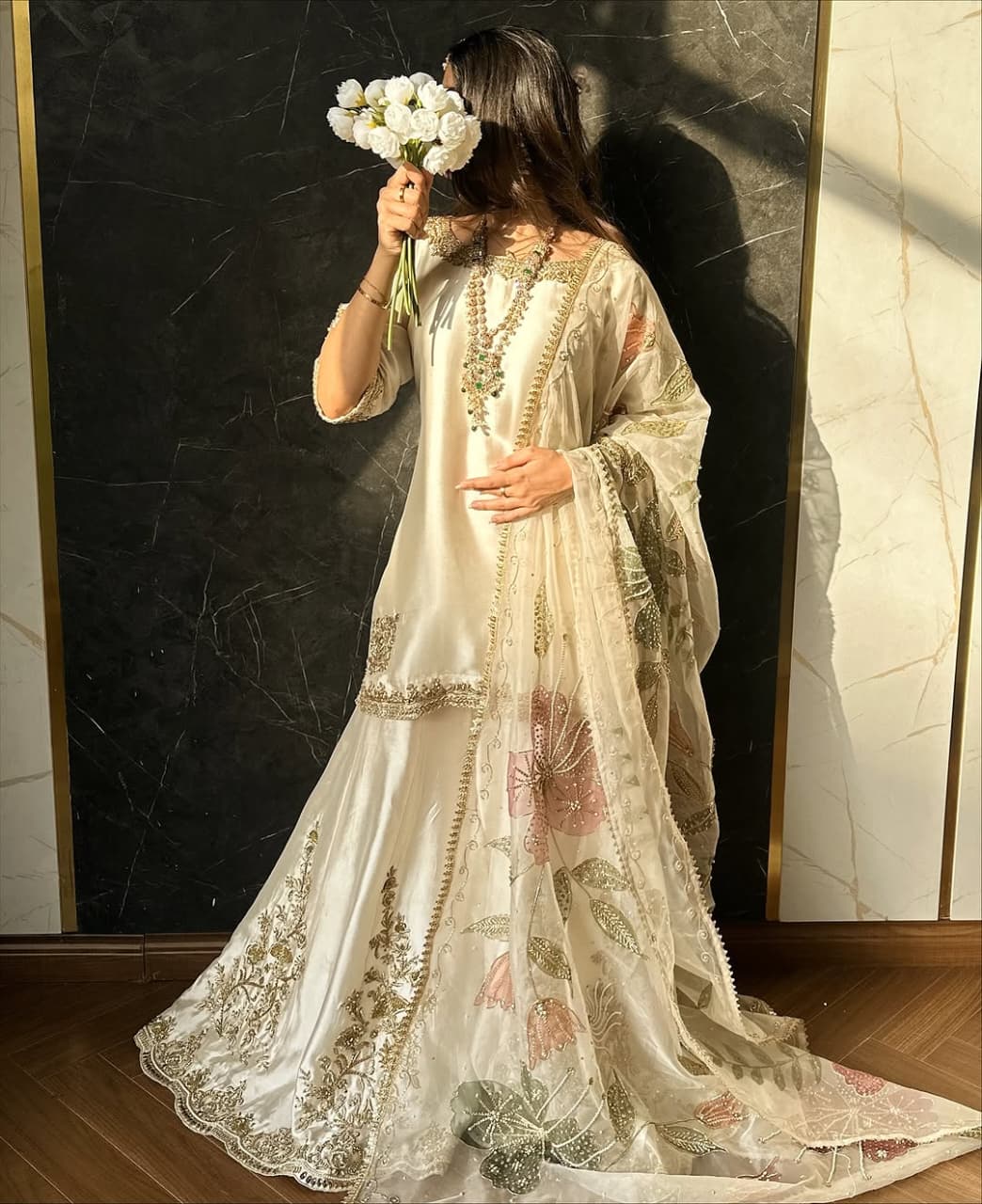 Organza hand painted hand work dupatta