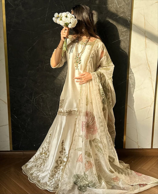 Organza hand painted hand work dupatta