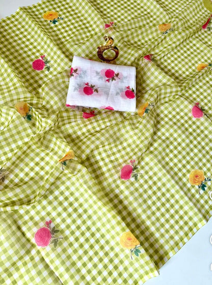 Cotton Linen Checks floral saree