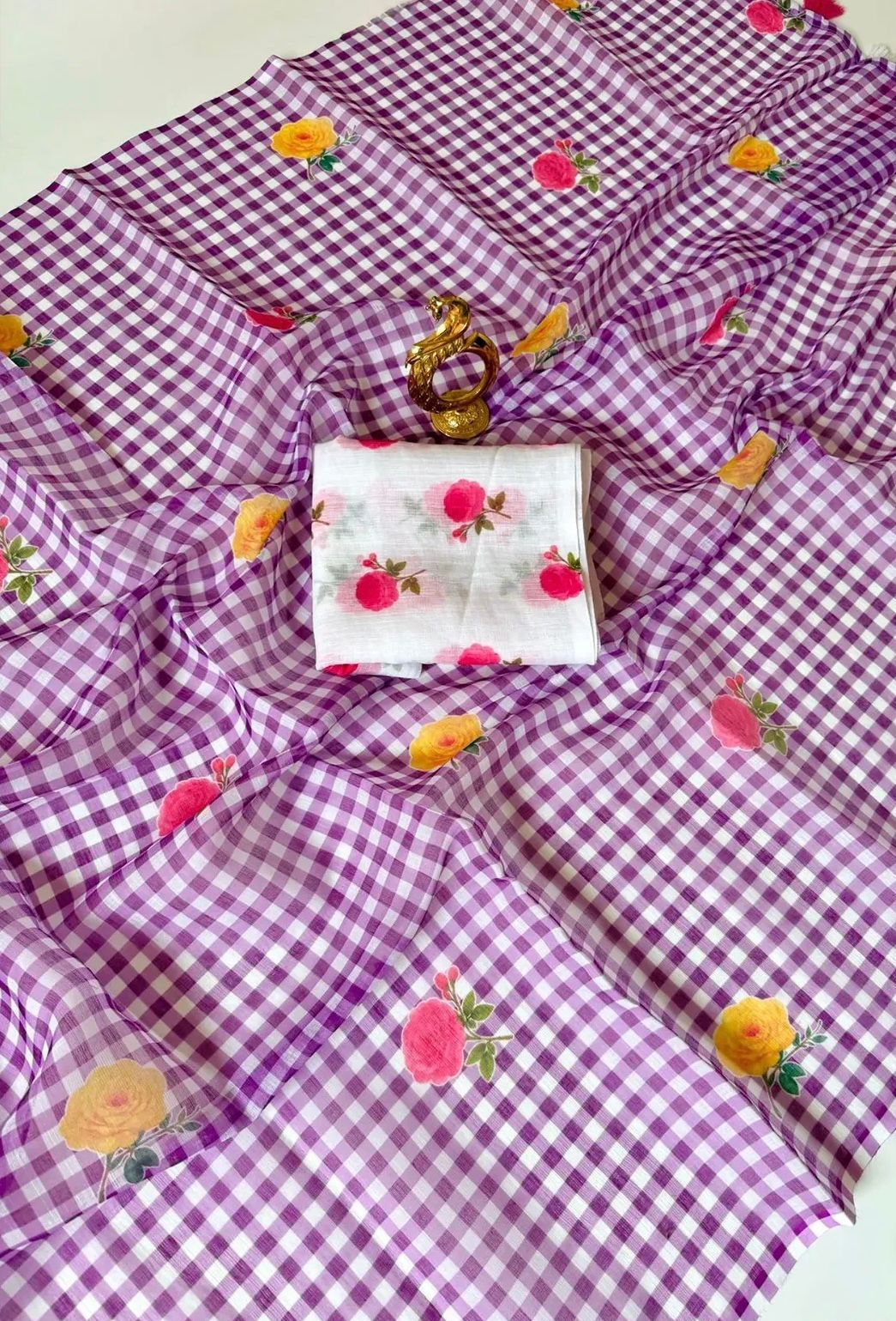 Cotton Linen Checks floral saree