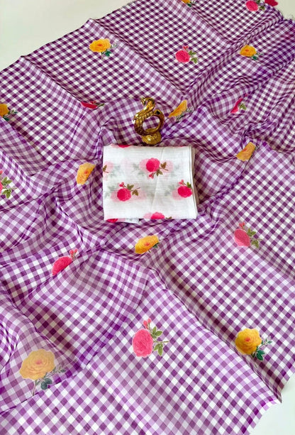 Cotton Linen Checks floral saree