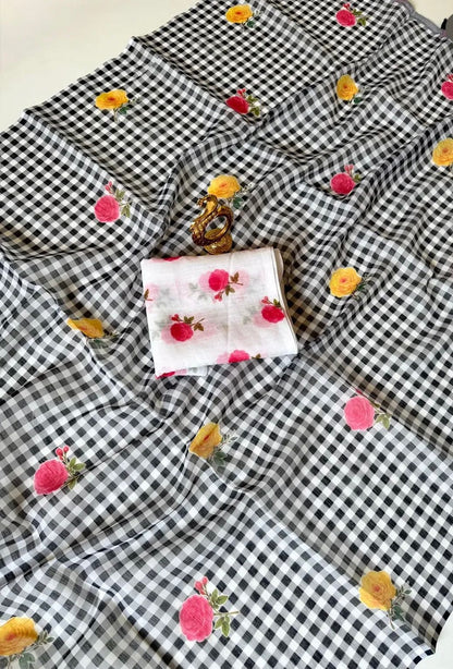 Cotton Linen Checks floral saree