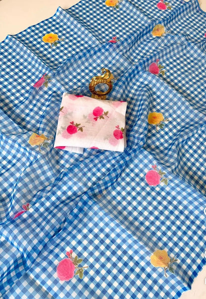 Cotton Linen Checks floral saree