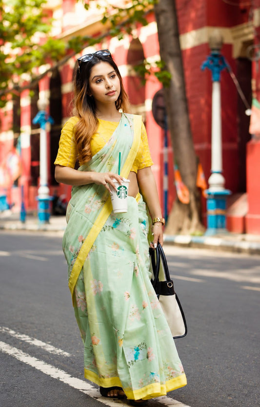 Pista Bloom- Cotton Linen Saree