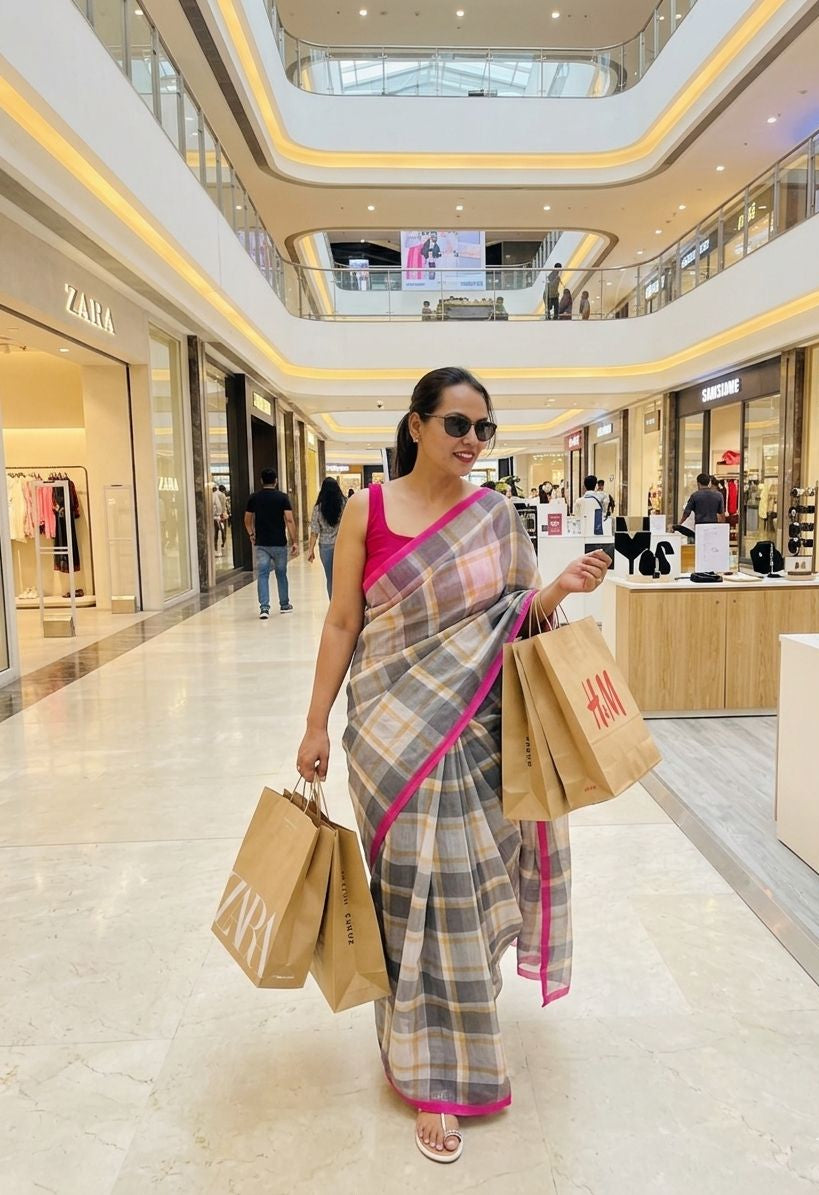 CHECKMATE – Cotton Linen Digital Print Saree