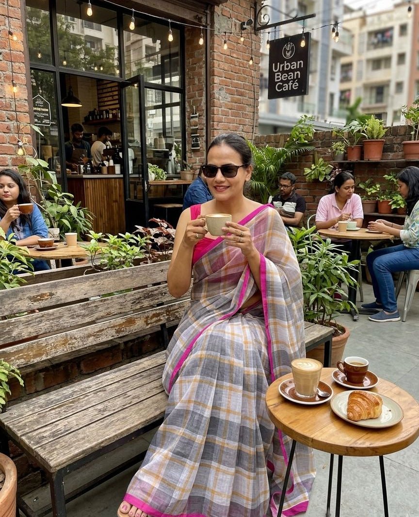 CHECKMATE – Cotton Linen Digital Print Saree