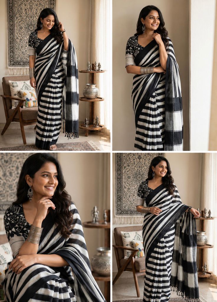 Ikat Stripe - Cotton Linen Saree