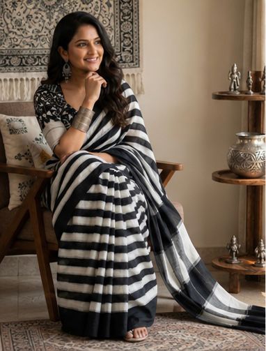 Ikat Stripe - Cotton Linen Saree