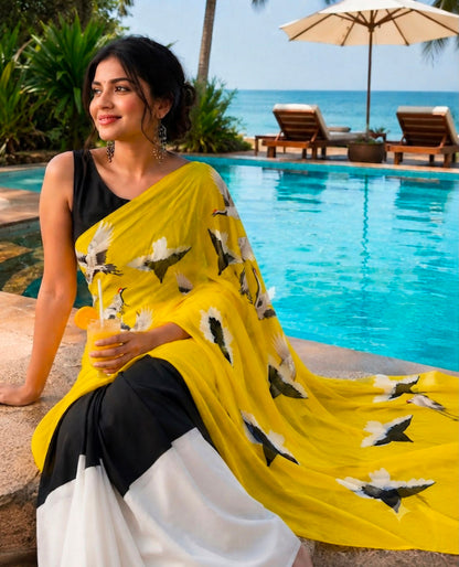 Skyward Grace – Cotton Linen Bird Print Saree