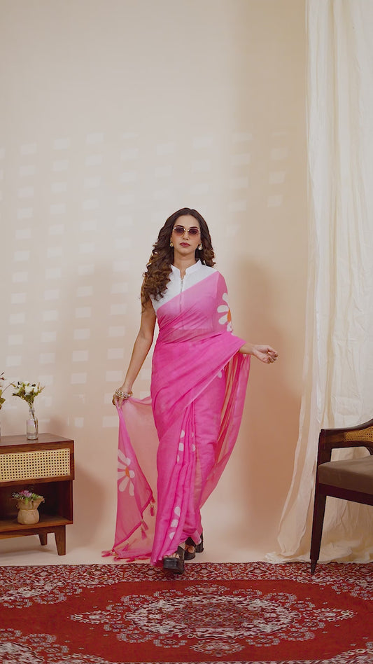 Gulbahar cotton linen digital print Light Pink saree with heavy tassels