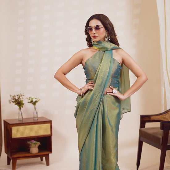 Designer Fendi green gold saree