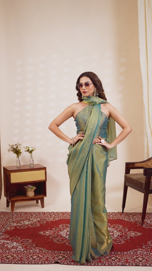 Designer Fendi green gold saree