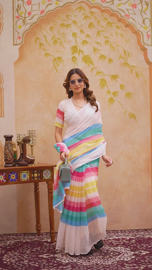 Cotton linen digital print White-Blue with Pink and Yellow saree with colour border design